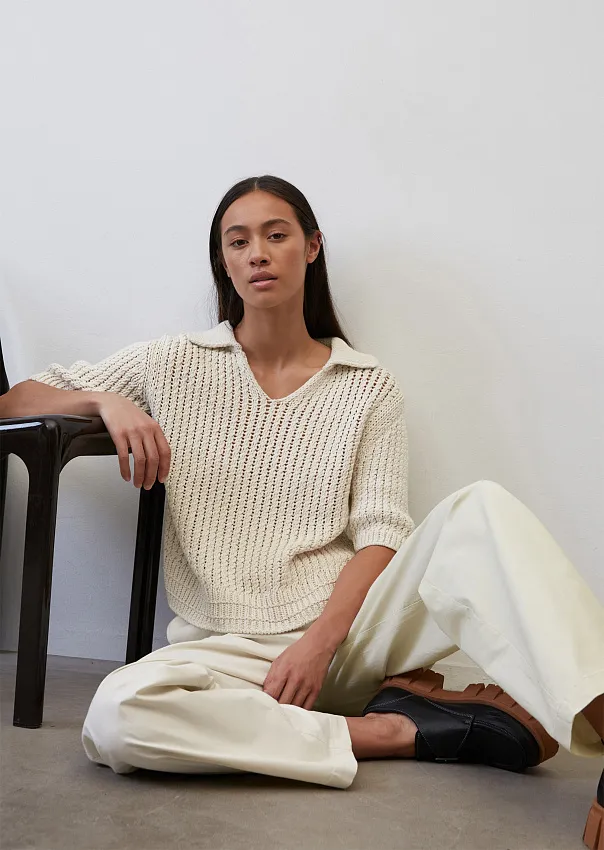 Вязаный джемпер с короткими рукавами в стиле поло из ленточной пряжи Marc o'Polo - фото 1